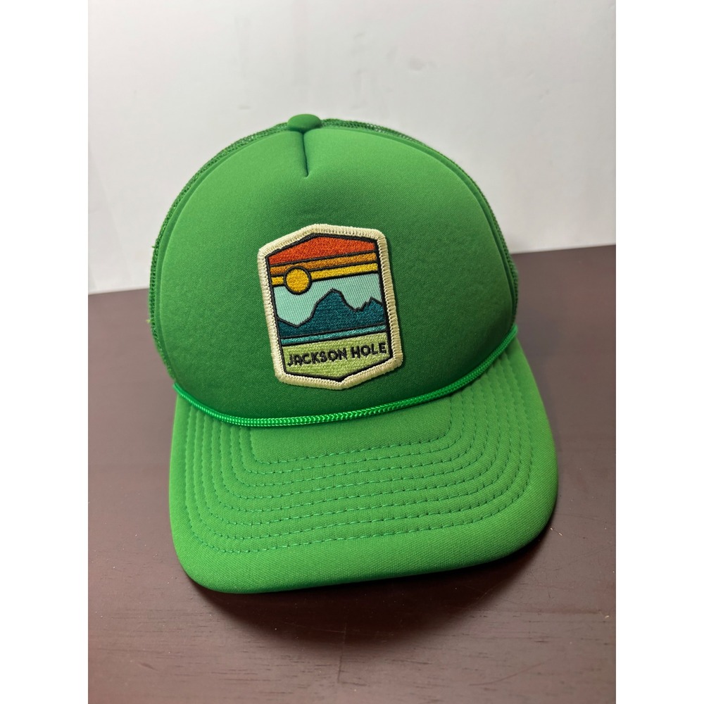 Decky Jackson Hole Wyoming Green Foam Trucker Hat Snapback Mesh Cap Rope Visor